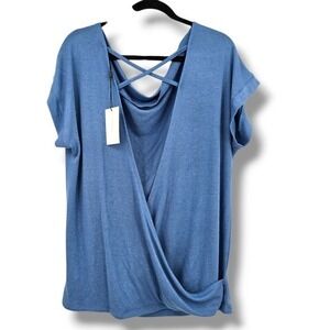 New Halston Studio Open Back Top‎ Criss Cross Drape Front Blue Size L